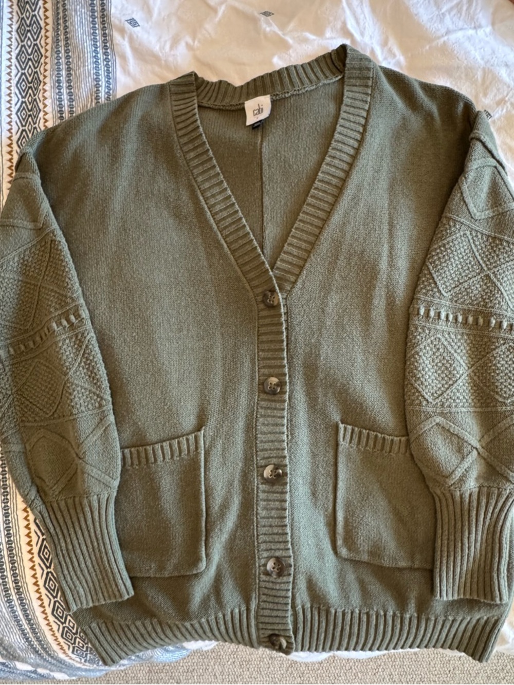 CAbi Olive Green Knit Crewneck Cardigan